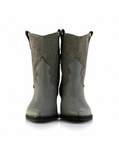 Gray Leather + Délavé Denim Boots